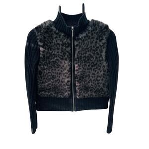 GUESS Y2K Faux Fur Animal Print Zip-Up Sweater Jacket Black Gray Ribbed XS